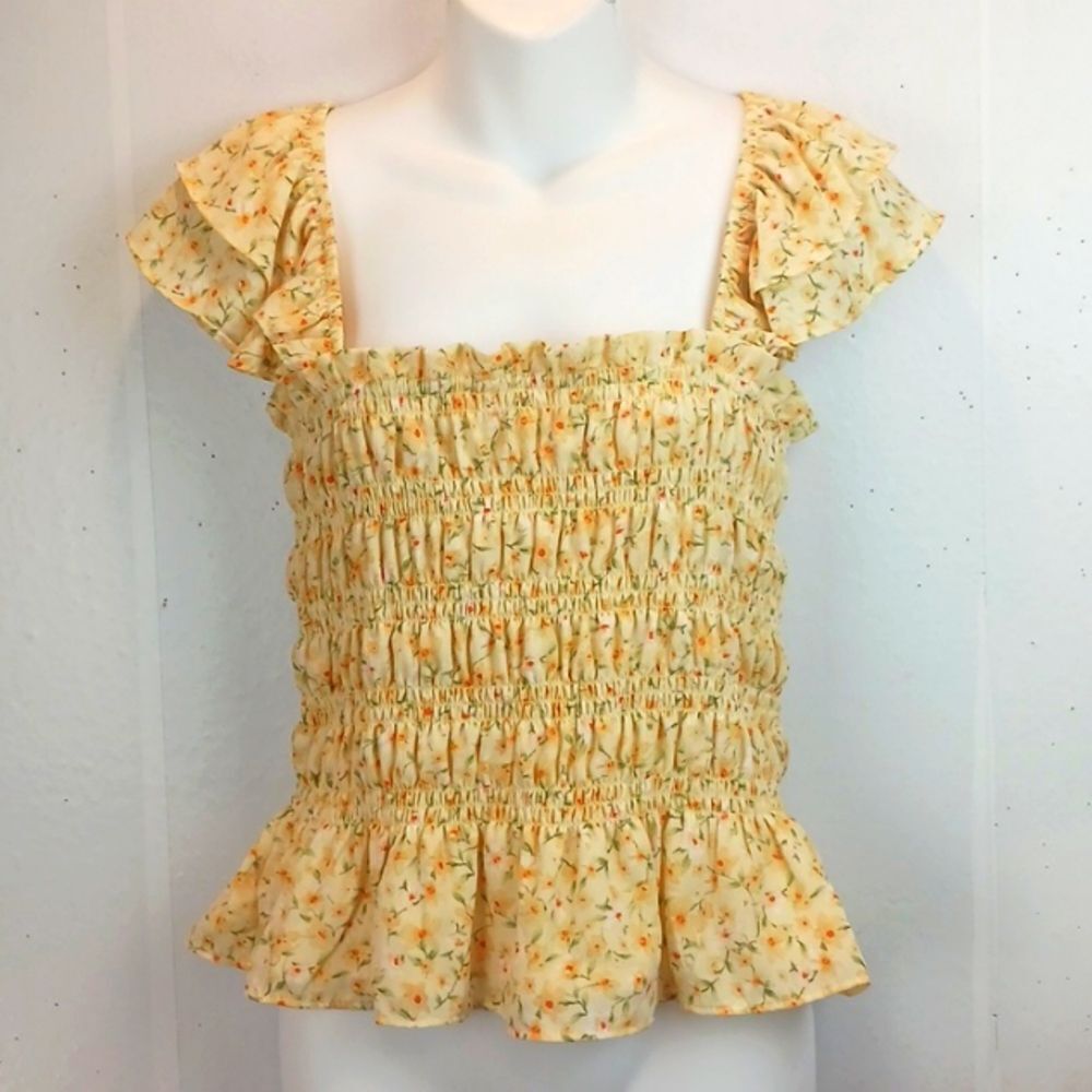 Mmcmmcmm boho Cottagecore floral yellow smocked bodice ruffle cap sleeve top XL